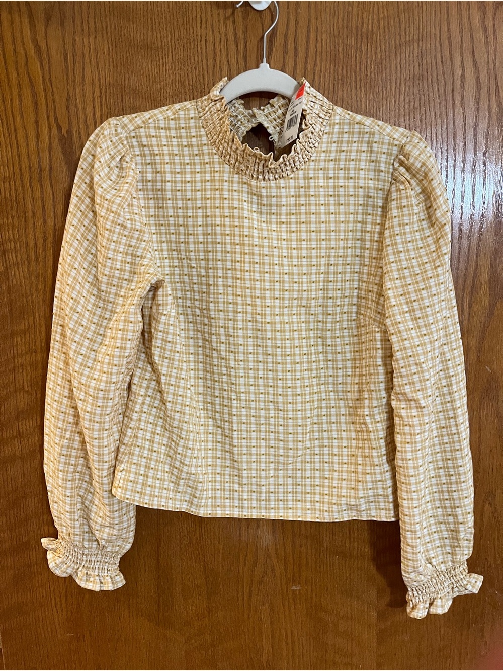Sadie & Sage Yellow Plaid Smocked Ruffle Neck Long Sleeve Top
